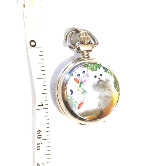 VINTAGE CATS SCENARIO SILVER-TONE POCKET QUARTZ WATCH WITH 24" CHAIN NECKLACE - Picture 9 of 10